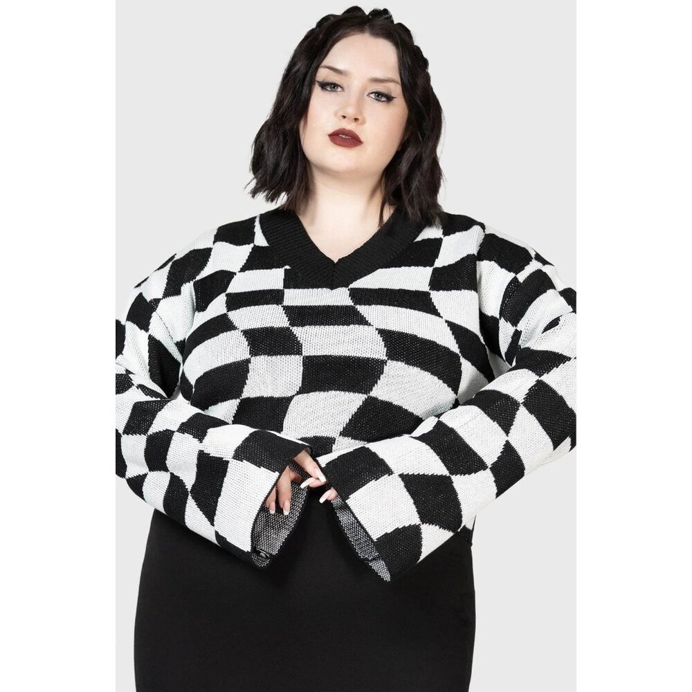 Killstar Wicked Games Womens Sweater 4X 4XL Cropped Black Gray Checks Goth NWT